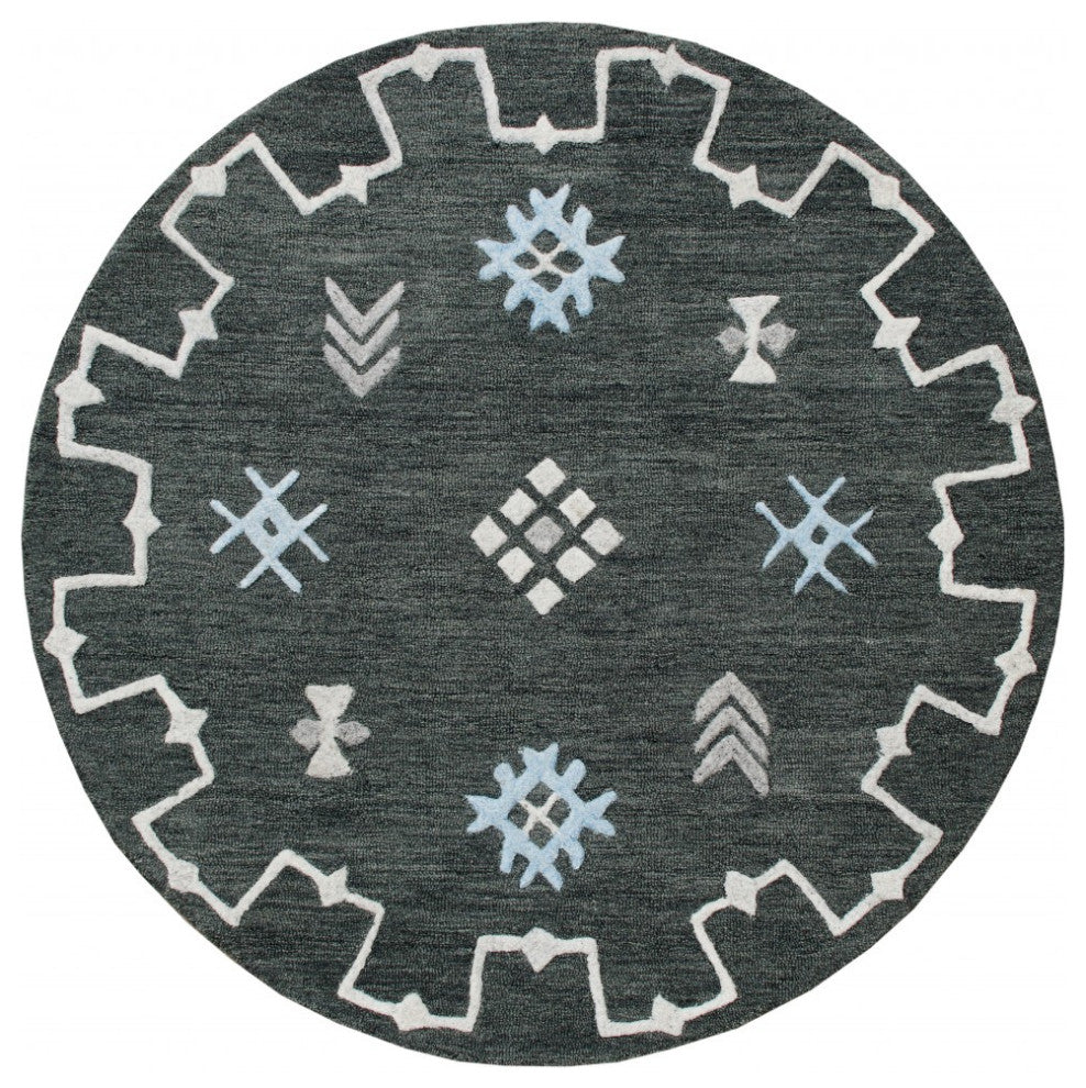 5" Round Charcoal Geometric Border Area Rug