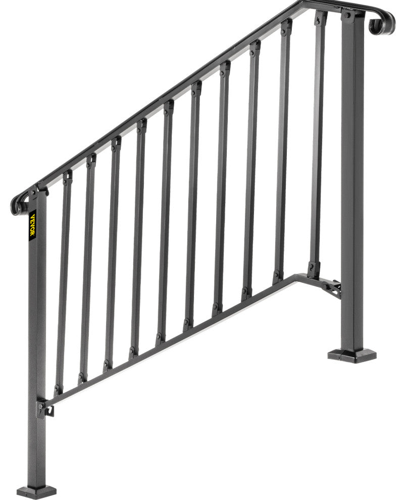 Wrought Iron Handrail Outdoor Stair Rail with Installation Kit, Black, Fit 4-5 Steps