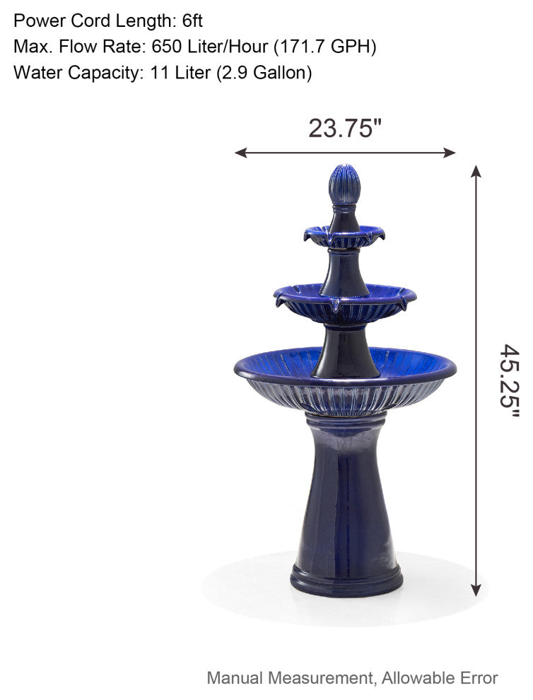 Cobalt Blue 3-Tier Ceramic Outdoor Fountain