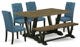 6-Piece Set Jacobean Table and Jacobean Dining Bench and 4 Chairs, Black