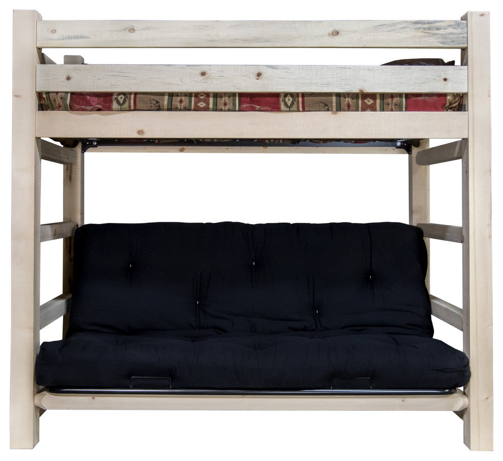 Twin Bunk Bed Over Full Futon Frame With Mattress, Ready To Finish, Ready to Fin