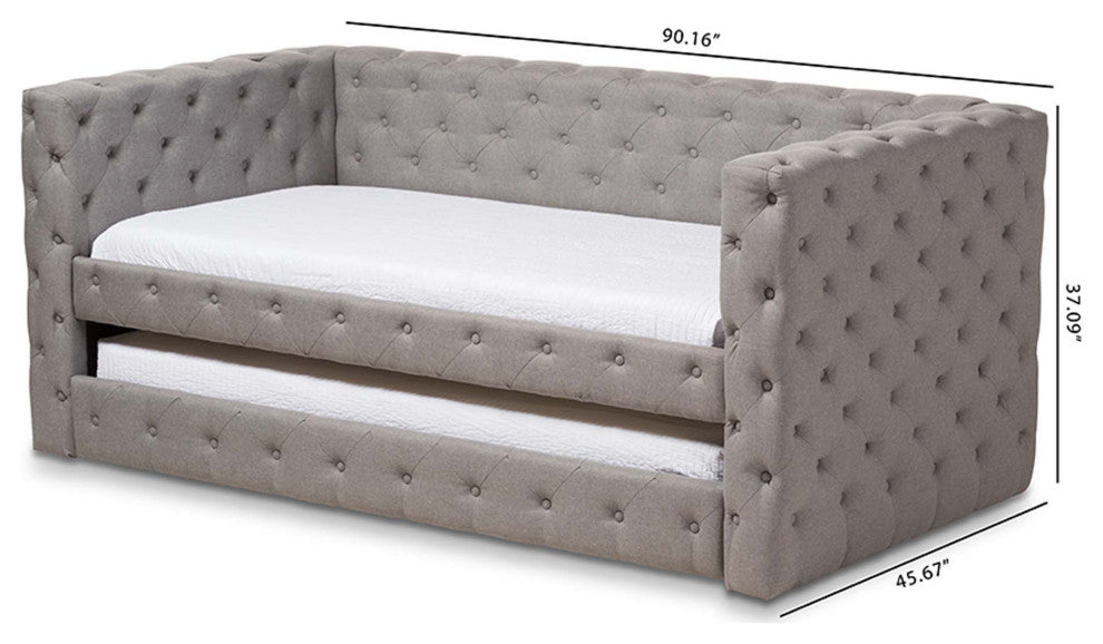Raven Fabric Tufted Upholstered Daybed With Trundle, Twin Size, Gray