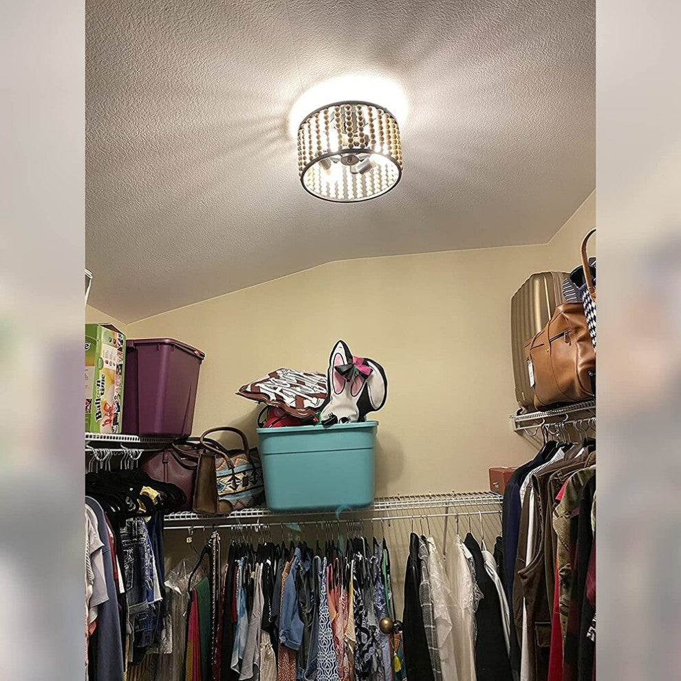 3 Light Wood Beads Ceiling Light Fixture, Farmhouse, Boho, Black