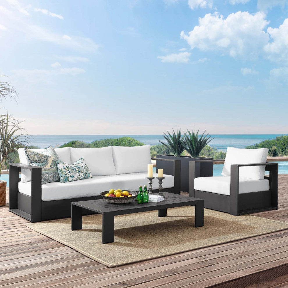 Lounge Sectional Sofa Chair Table Set, White, Aluminum, Modern, Outdoor Patio