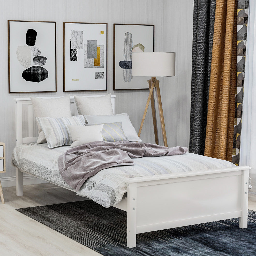 Gewnee Wood Twin Size Platform Bed with Headboard and Footboard in White