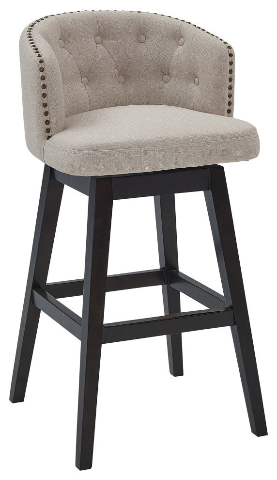 26" Tan Tufted Fabric and Dark Espresso Wood Swivel Bar Stool