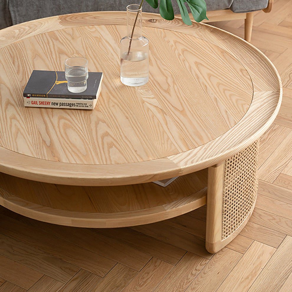 2-Tiered Japandi Round Wood Coffee Table With Rattan Base