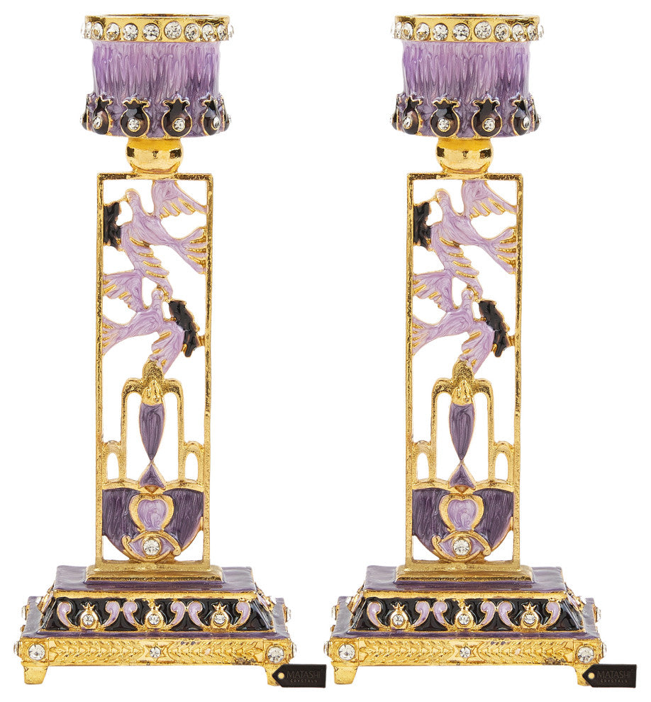 Matashi Shabbat Candlestick Holder(2-Piece Set) Hand-Painted  Pewter(Purple)