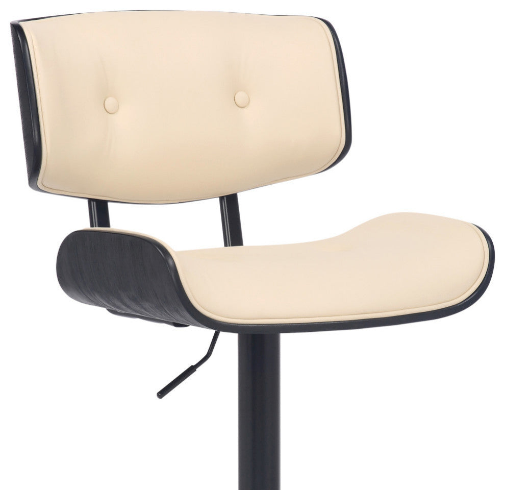 Brooklyn Adjustable Swivel Faux Leather and Wood Bar Stool With Metal Base, Cream and Black