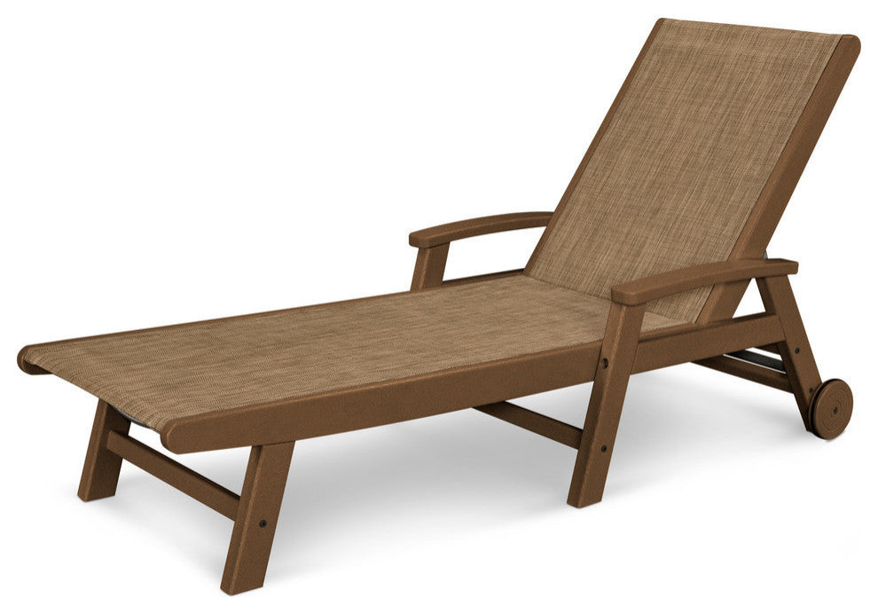 Coastal Chaise With Wheels, Teak / Burlap Sling