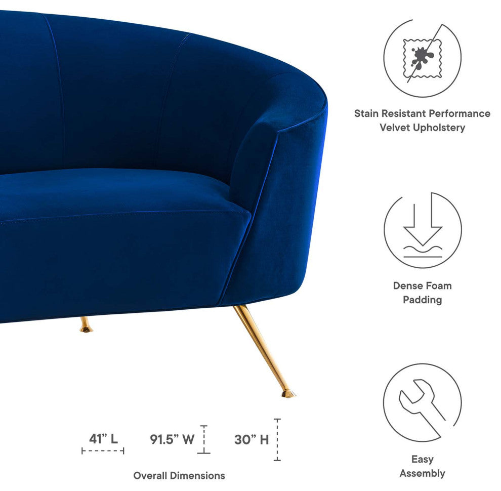 Sofa, Blue Navy, Velvet, Modern, Mid Century Living Hotel Lounge Cafe Lobby