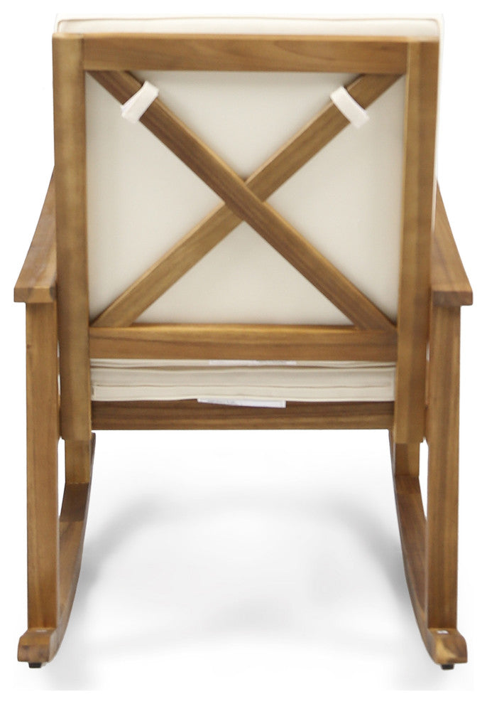 GDF Studio Caspar Outdoor Acacia Wood Rocking Chair, Teak Finish With Cream Cushion