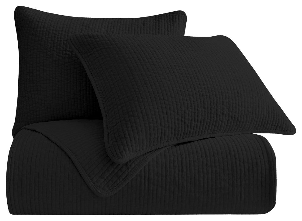 Stonewashed Cotton Velvet Quilt Set, King, Black, 3 Piece