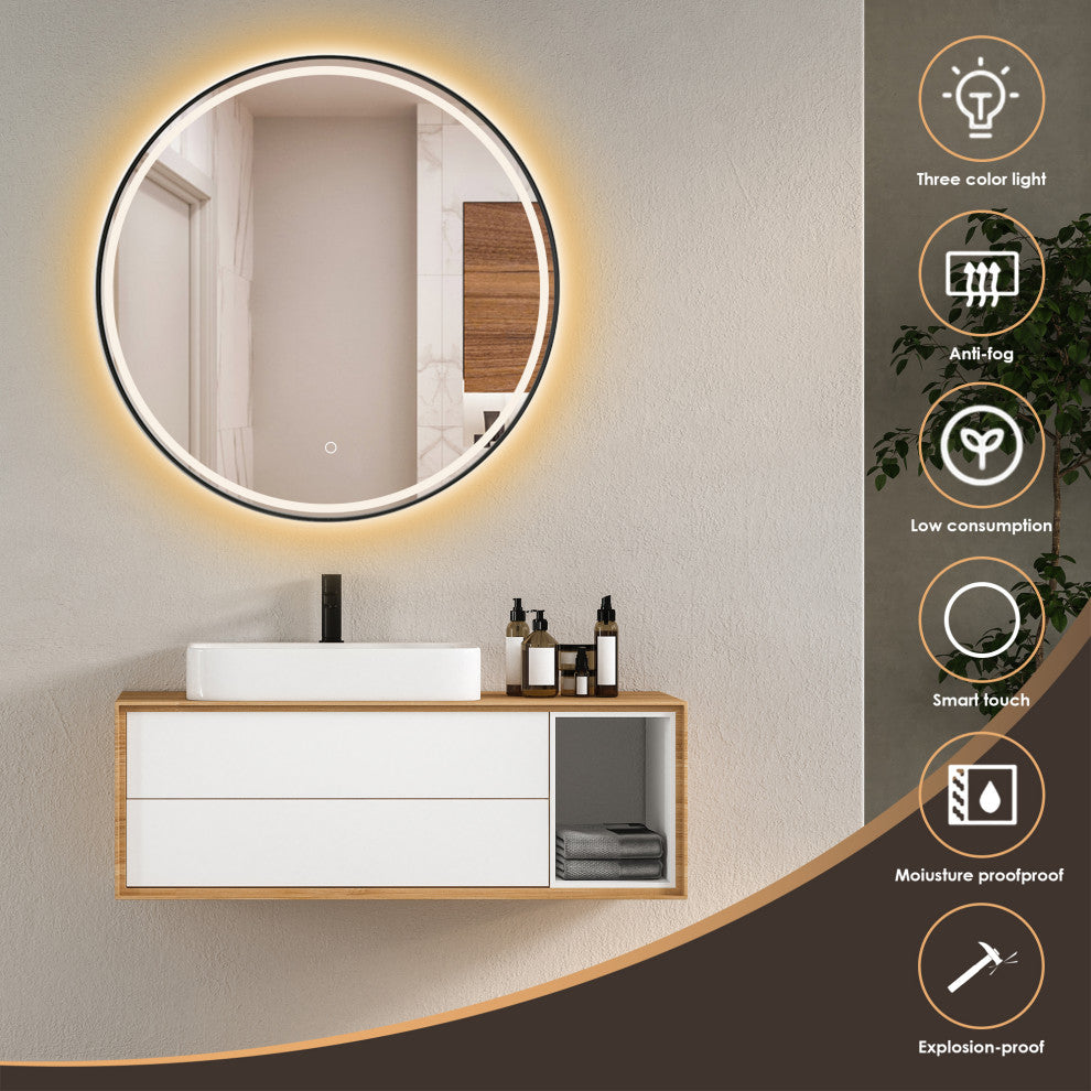 Palme Round Framed Bathroom/Vanity LED Lighted Wall Mirror, Matte Black, 32"