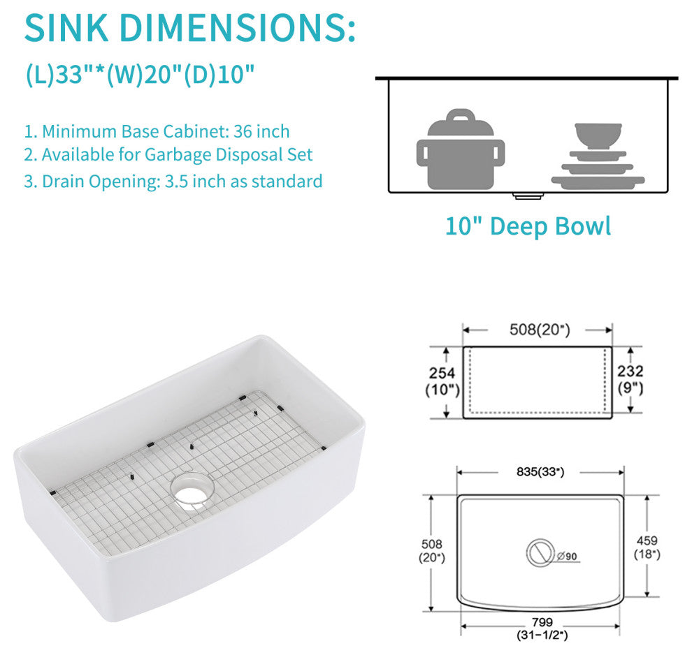 33" L X 20" W Arch Edge Apron Front Kitchen Sink