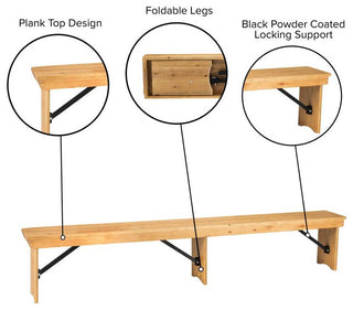 HERCULES Series 8' x 12'' Solid Pine Folding Farm Bench With 3 Legs, Light Natural