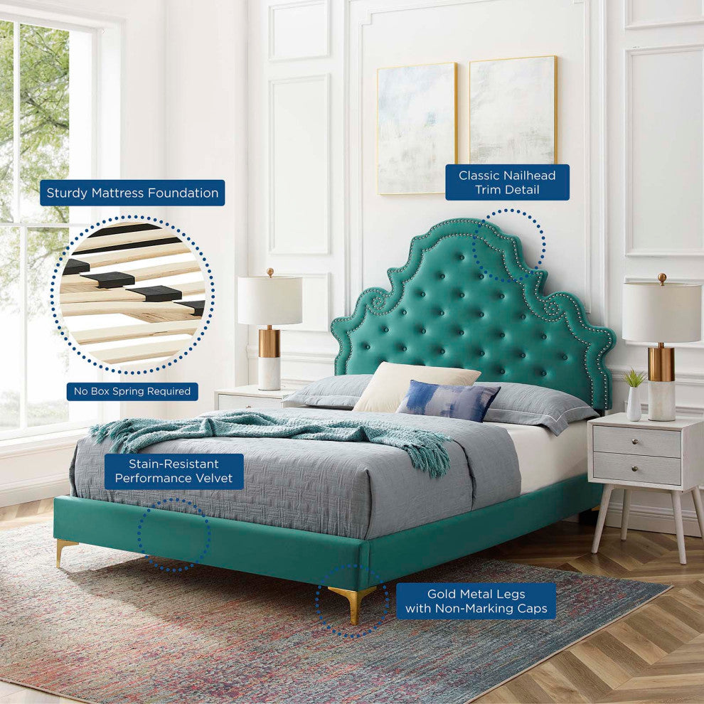 Tufted Platform Bed Frame, Twin Size, Velvet, Teal Blue, Modern Contemporary