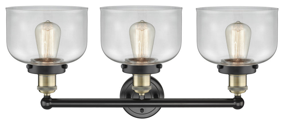Edison Large Bell 3-Light 25" Vanity Light, Black Antique Brass With Clear Shade