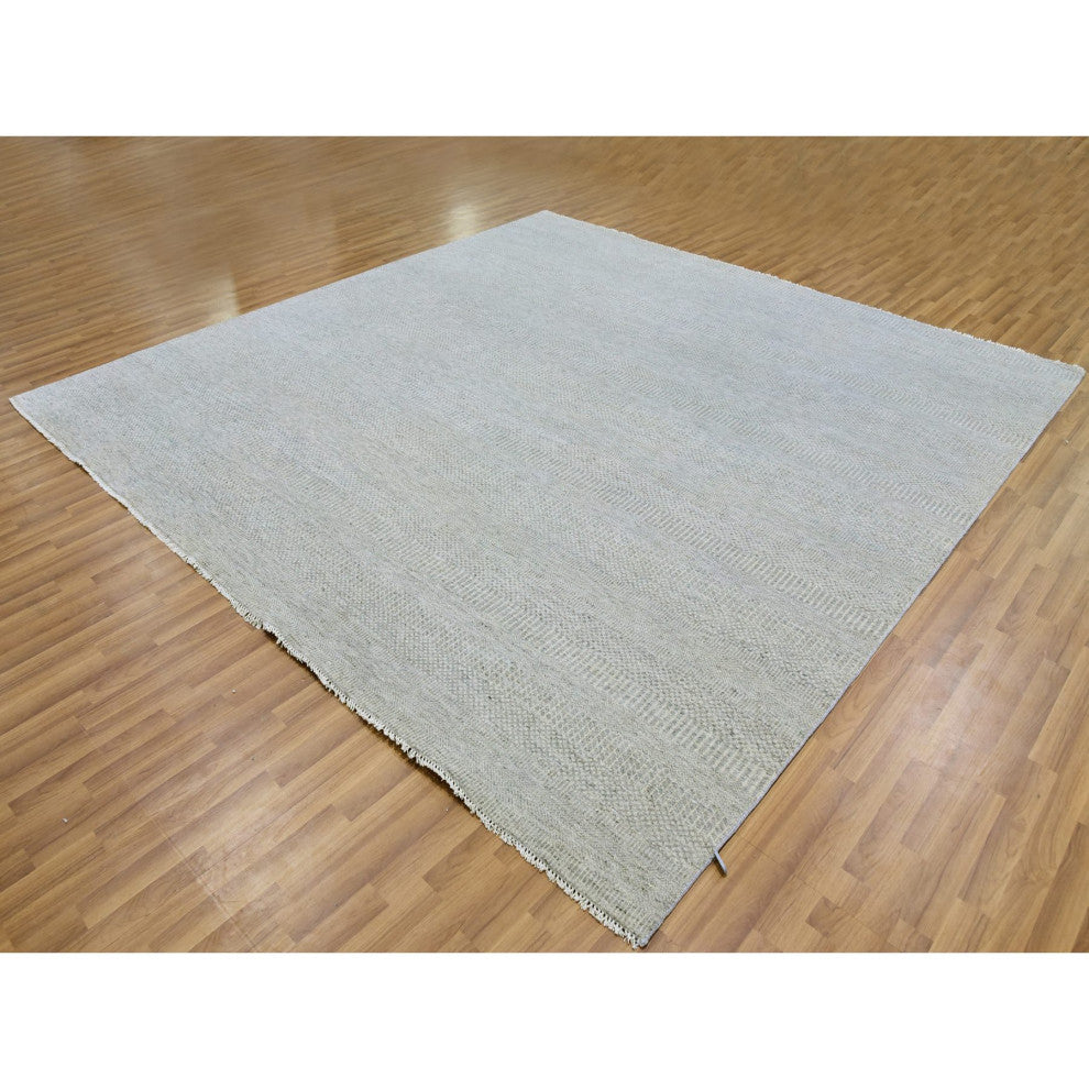Gray Undyed 100% Wool Modern Grass Design Hand Knotted Square Rug, 9'11"x10'