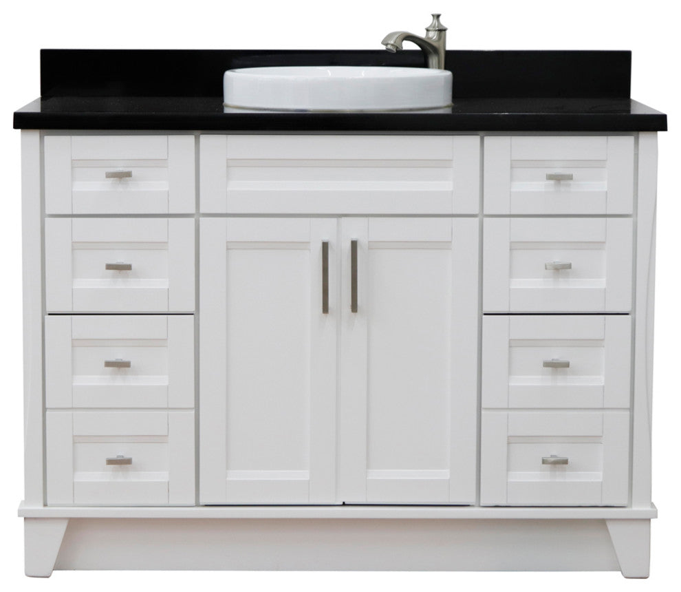 49" Single Sink Vanity, White Finish With Black Galaxy Granite And Round Sink
