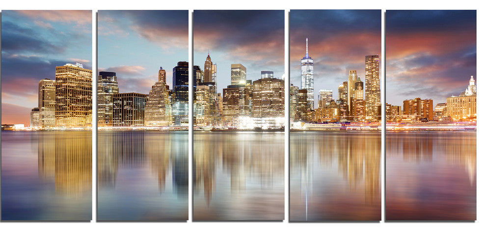 "New York Skyline at Sunrise With Reflection" Art, 60"x28", 5-Panels