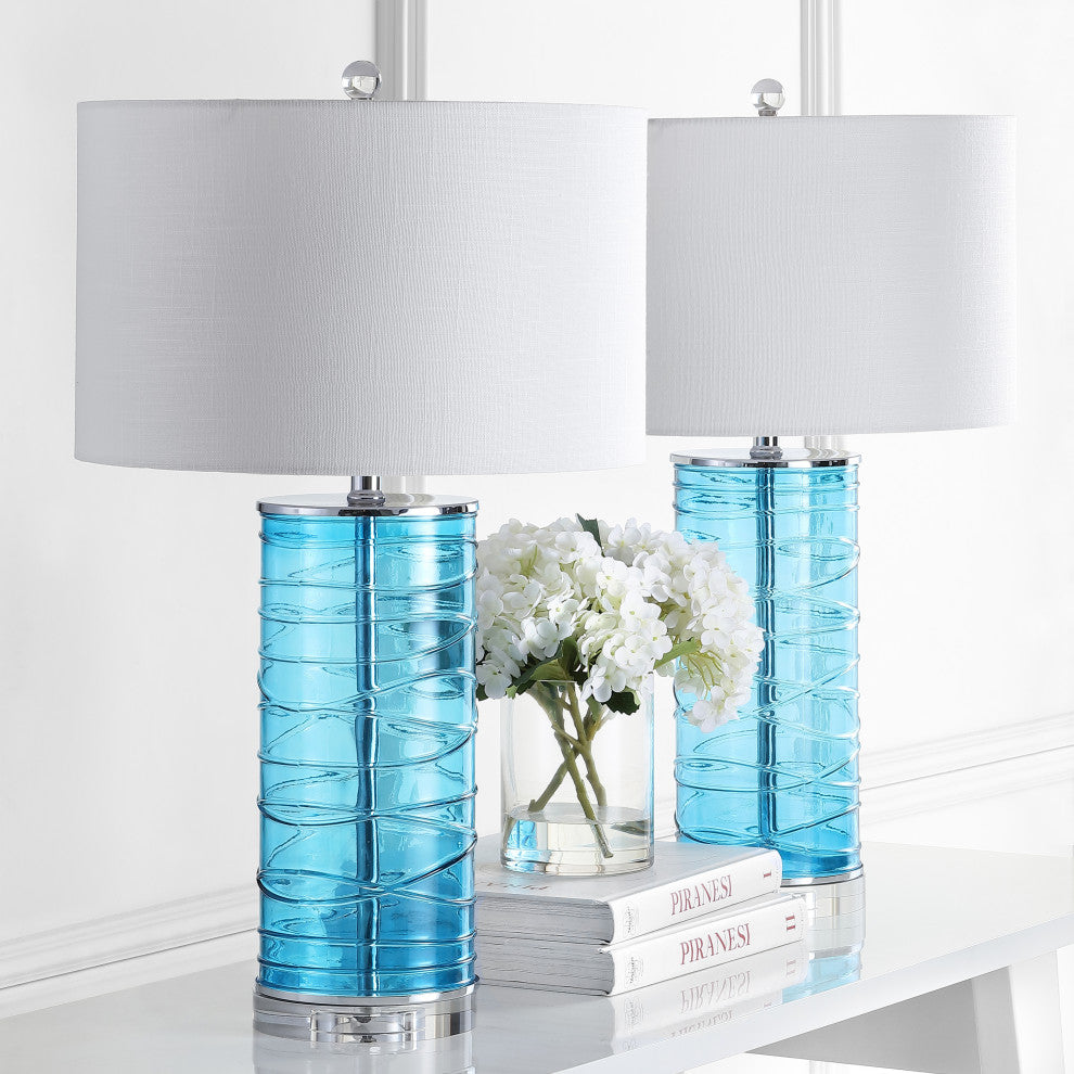 Cole 27.5" Fused Glass Cylinder LED Table Lamp, Set of 2, Turquoise