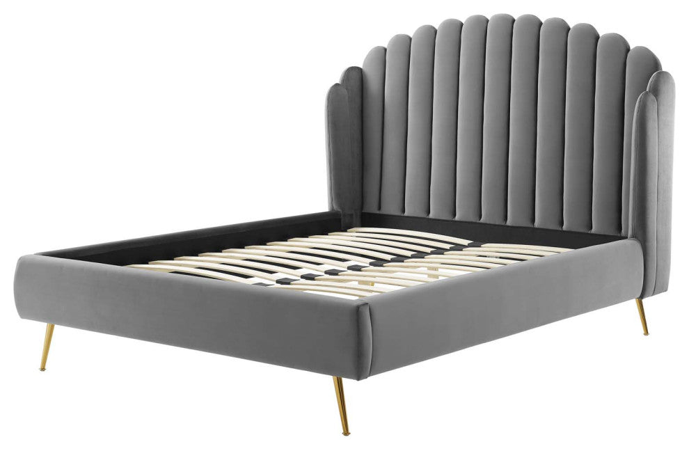 Platform Bed Frame, Queen Size, Velvet, Gray, Modern Contemporary, Bedroom