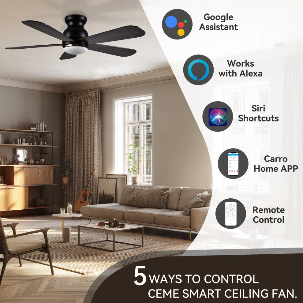 CARRO 48inch Low Profile Flush Ceiling Fan with Remote and Dimmable LED Light, Black