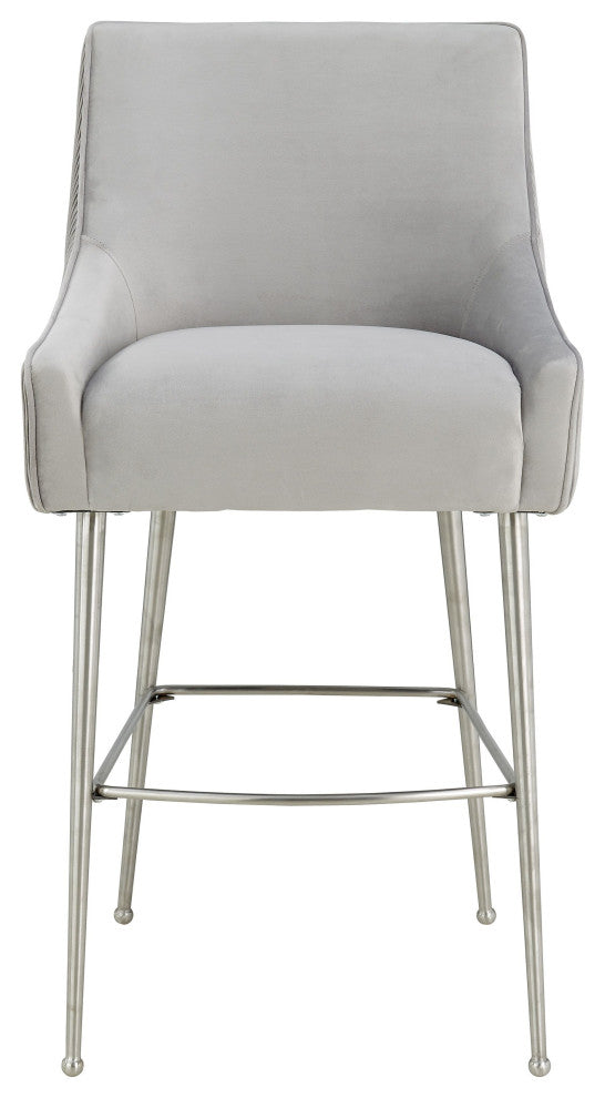 Beatrix Pleated Light Grey Velvet Bar Stool - Light Grey