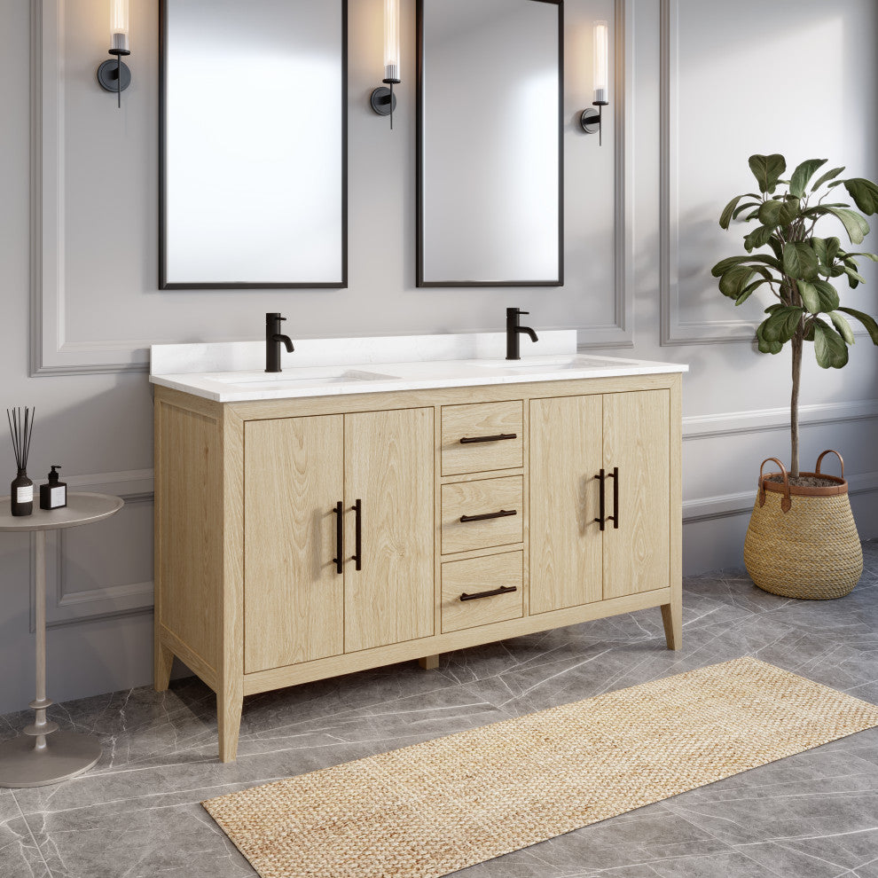 Vienna 60" Double Vanity With With Power Bar and Drawer Organizer, White Oak
