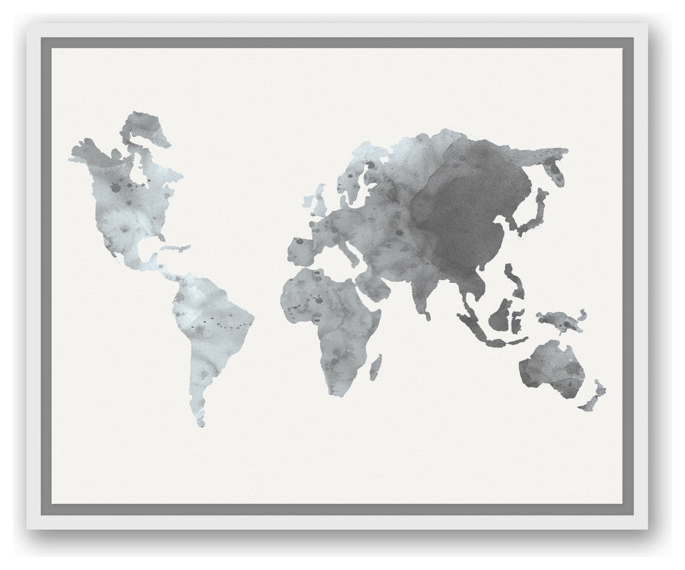 Gray World Map 16x20 White Floating Framed Canvas