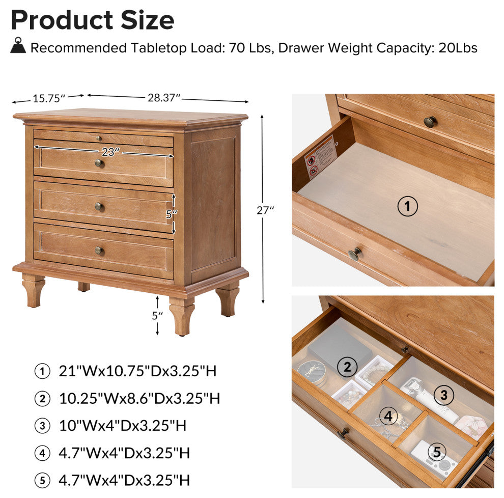 3-Drawer Nightstand With  Built-In Outlets Set of 2, Acorn