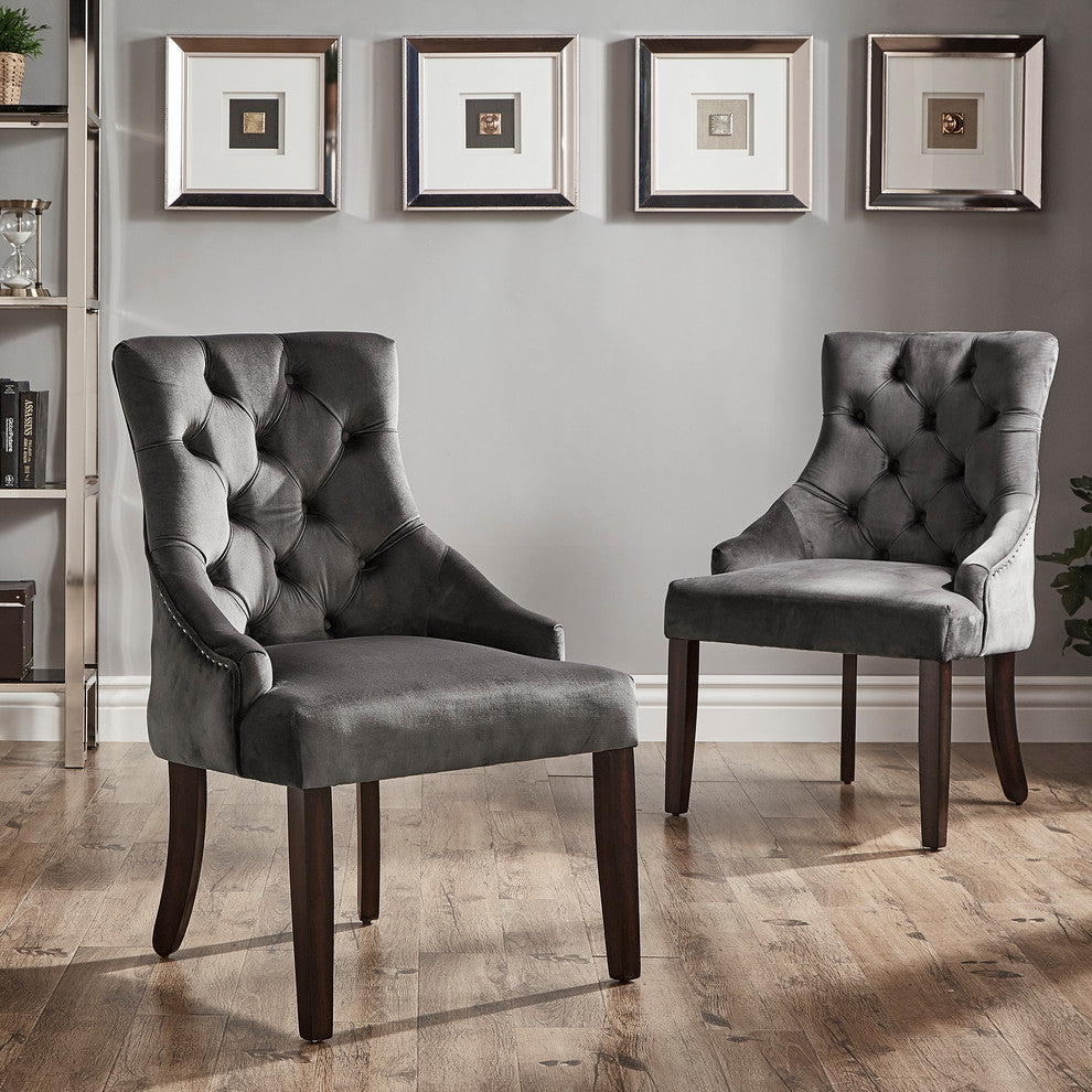 Rosalyn Velvet Button Tufted Sloped Wingback Dining Chair, Set of 2, Dark Grey