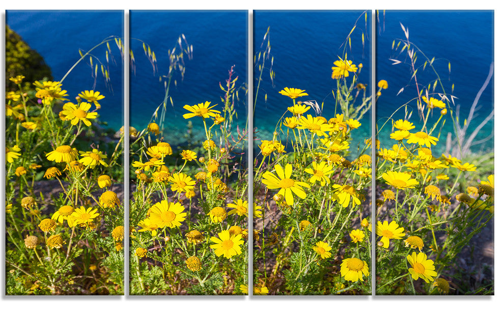 Wild Yellow Flowers over Sea Coast, Large Flower Canvas Print, 48"x28", 4 Panels