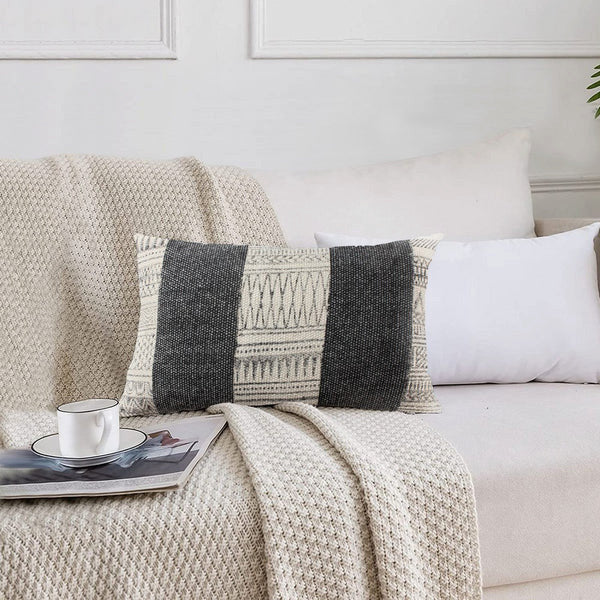 Benzara BM200576 12 x 20 Cotton Dhurri Pillow with Kilim Pattern, Gray and White