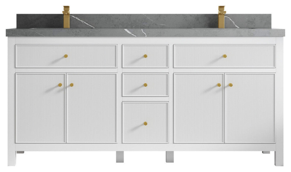 Sonoma 72 Double Sink Reeded Bath Vanity in White 2" Piatra Gray