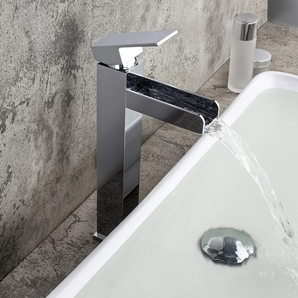 Contemporary Single Handle Waterfall Spout Bathroom Vessel Sink Faucet, Chrome