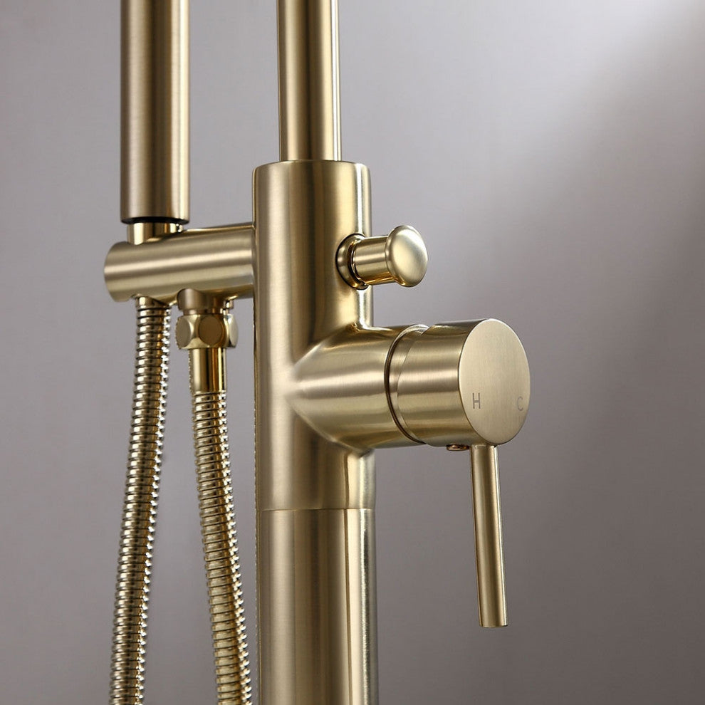Freestanding Single Handle Tub Filler Faucet with Hand Shower, Brushed Gold