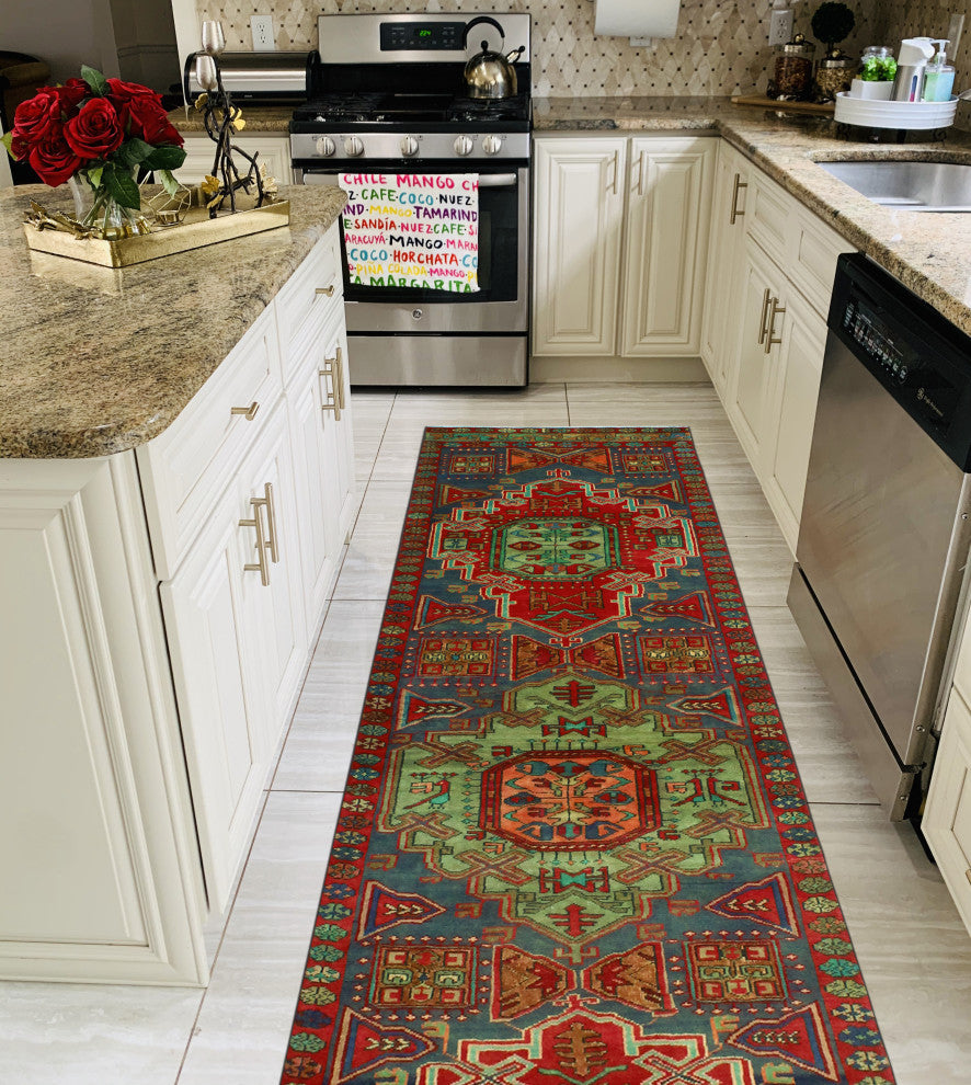 Fine Vintage Distressed Nurhan Navy/Red Runner, 3'1 x 10'4