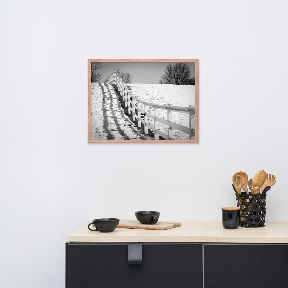 Endless Fences in Black & White Rural Landscape Framed Photo Paper Art Prints, Red Oak, 18" X 24"