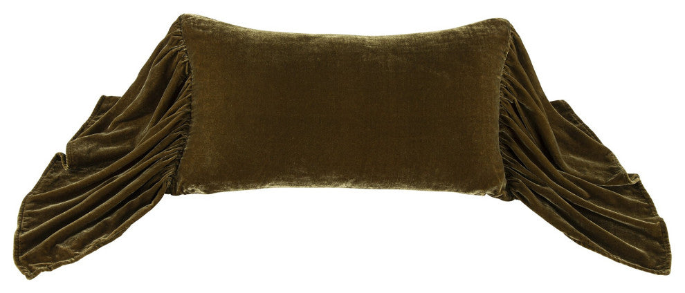 Stella Silk Velvet Long Ruffled Pillow, 26x14", Green Ochre