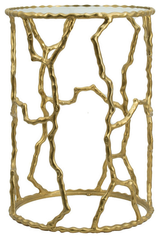 24 Inch Round Accent Table, Intricate Metal Twig Inspired Open Frame, Gold