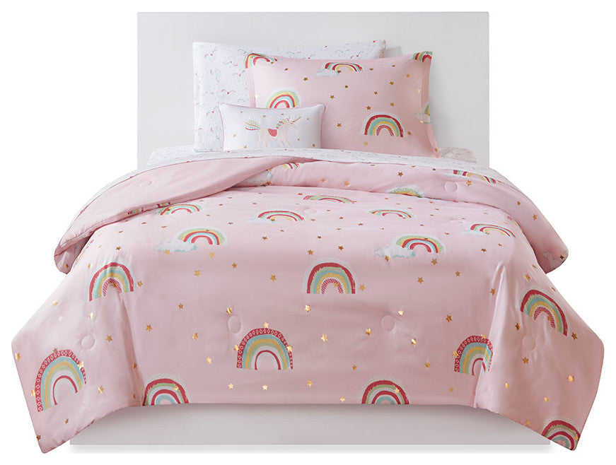 Mi Zone Kids Alicia Unicorn Gold Stars Complete Comforter and Sheet Set, Twin, C
