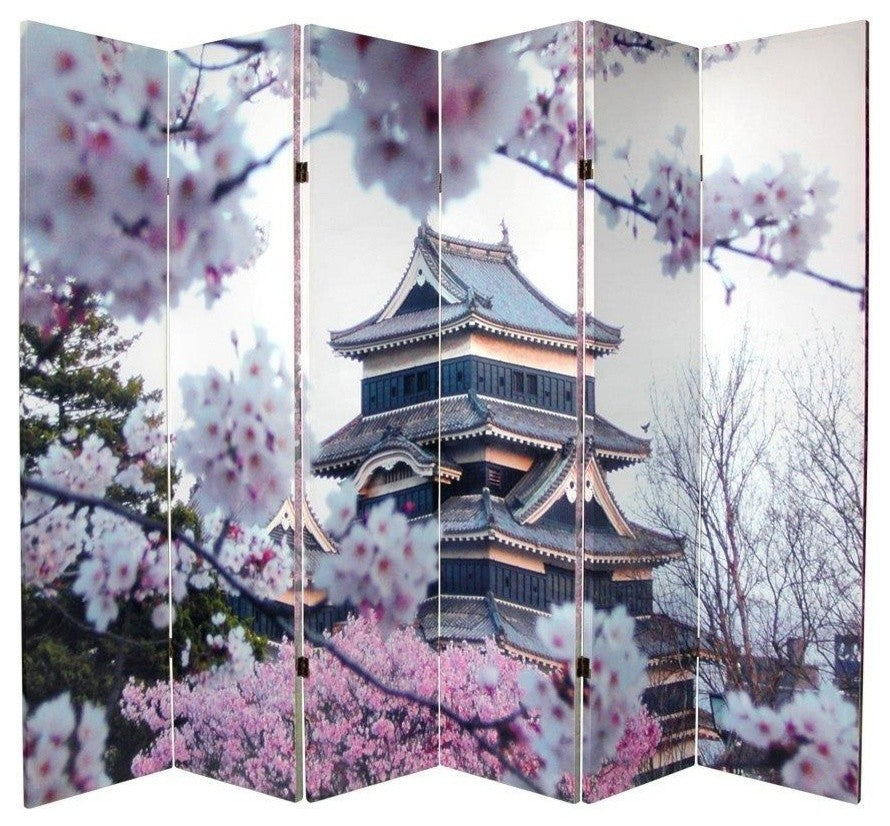 6' Tall Double Sided Cherry Blossoms Canvas Room Divider 6 Panel
