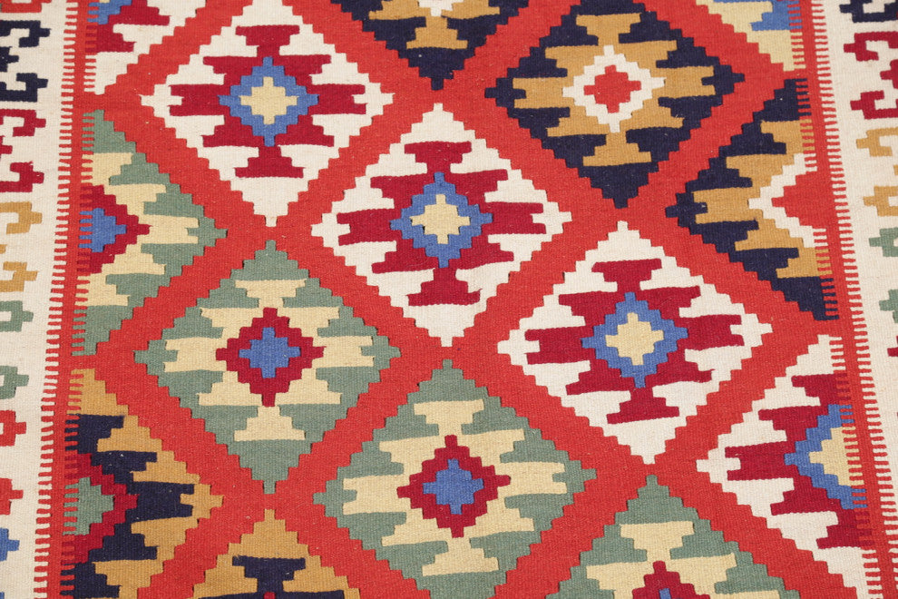 Southwestern Kilim Shiraz Geometric Hand-Woven Wool Oriental Rug, Orange, 5x7