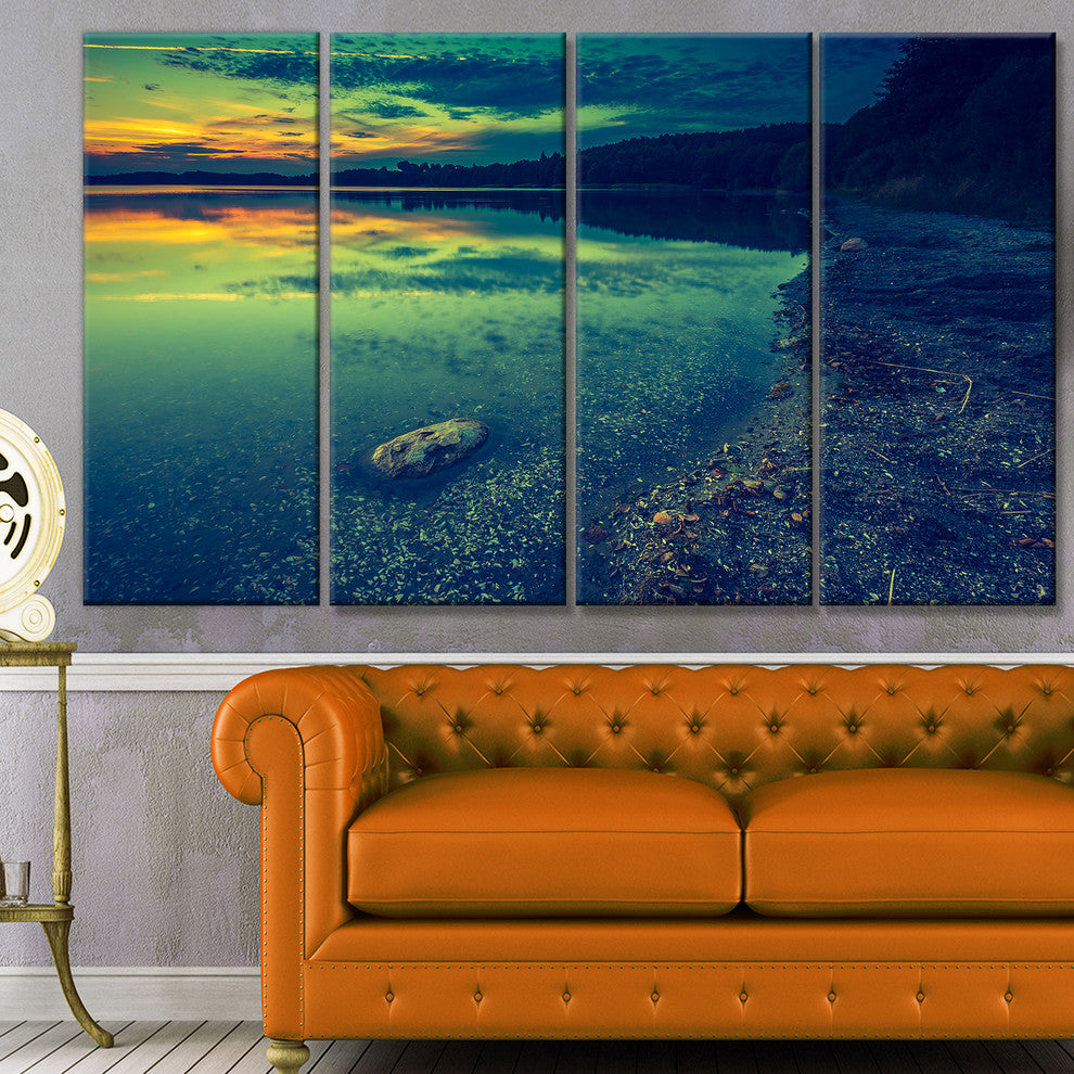 Dark Vintage Lake at Sunset, Boat Canvas Art Print, 48"x28", 4 Panels