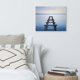 Soft Blue Lake and Abandoned Pier Coastal Landscape Photo Canvas Wall Art Print, 16" X 20"