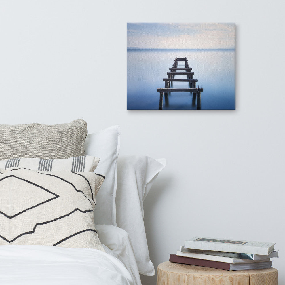 Soft Blue Lake and Abandoned Pier Coastal Landscape Photo Canvas Wall Art Print, 16" X 20"