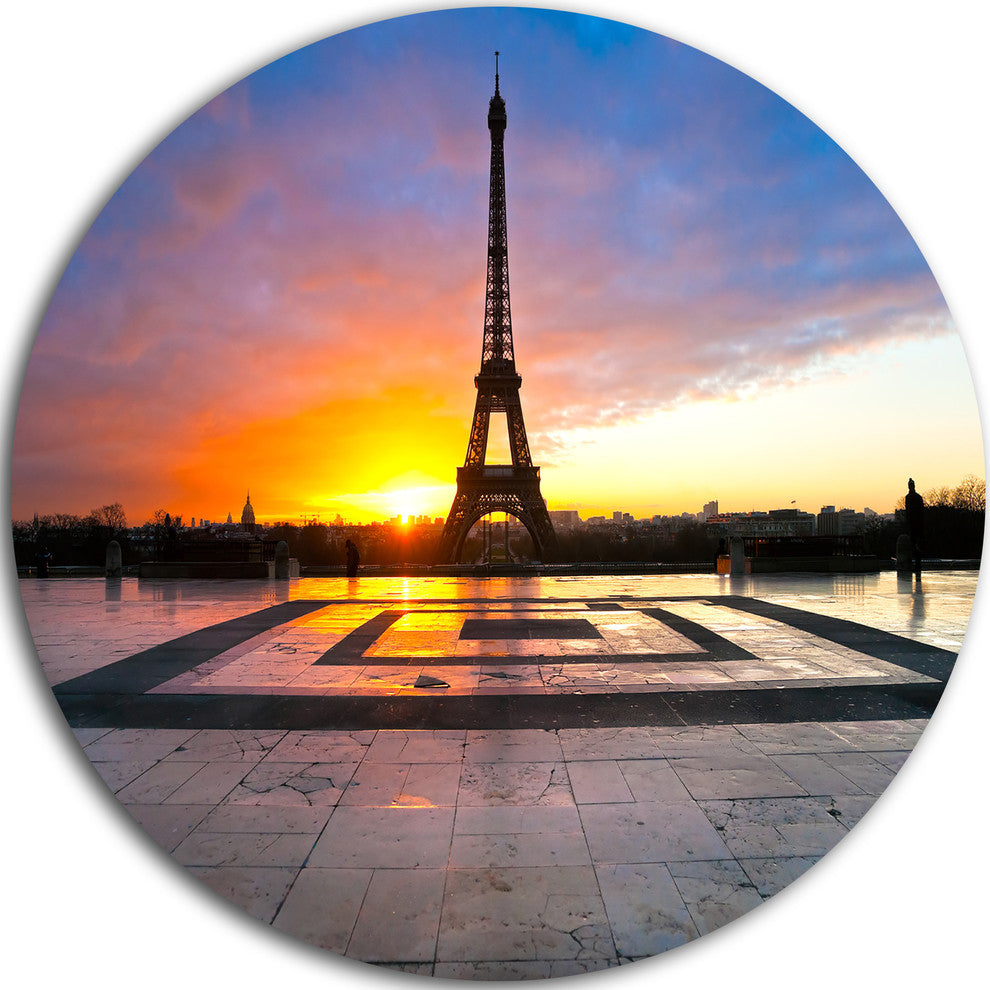 Eiffel Tower At Beautiful Sunrise, Landscape Disc Metal Artwork, 23"