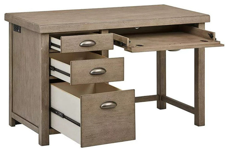 Rustic Transitional Desk, Charging Station & Drawers With Curved Handles, Gray